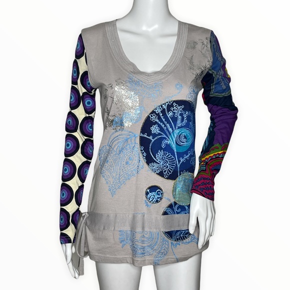 Desigual Tops - Desigual T-Shirt Top Gray Multi Color Multi Pattern Long Sleeve